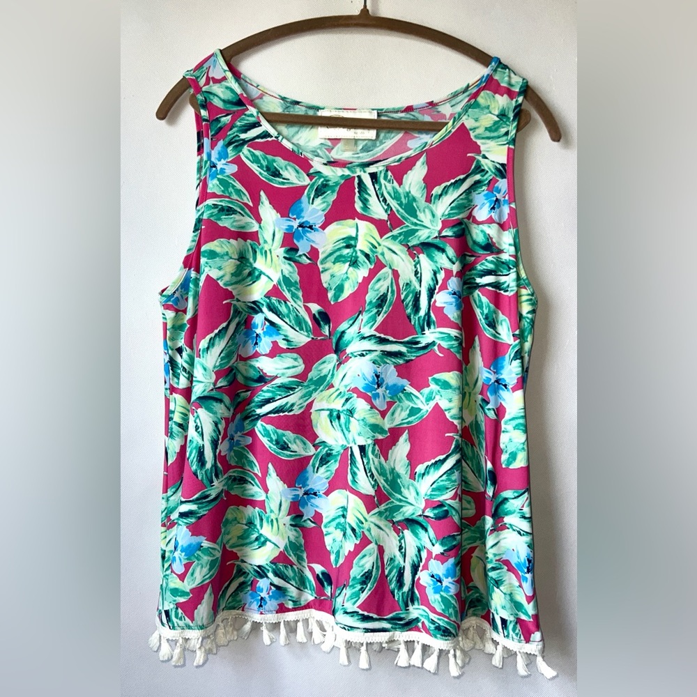 PAPPAGALLO tropical pink‎ and mint fringe sleeveless top Large